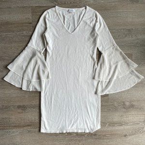 Calvin klein vneck sweater dress with layered sheer bell sleeves